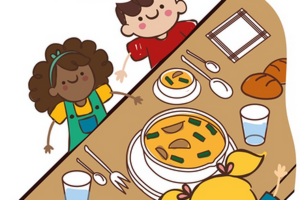 Tegnet illustration af børn, der venter på mad