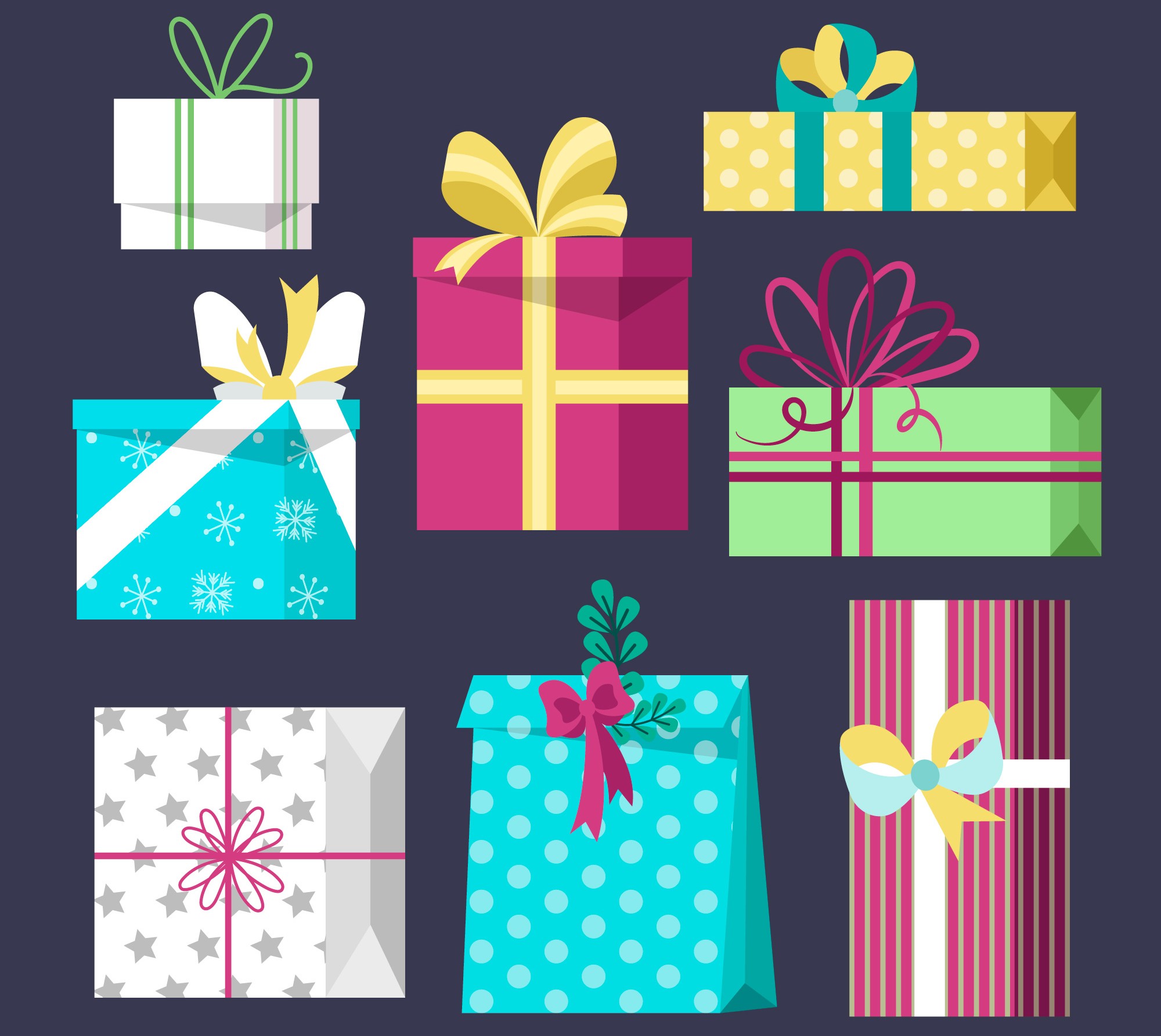 Billedet viser gaver i forskelligt farvet gavepapir og forskelligt farvet bånd