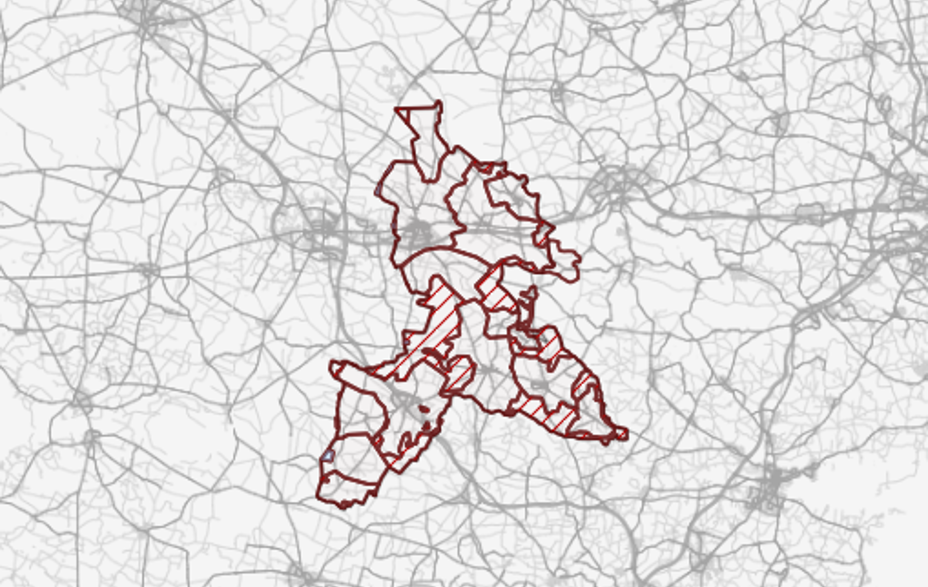 GIS kort - det røde omrids viser forsyningsområder