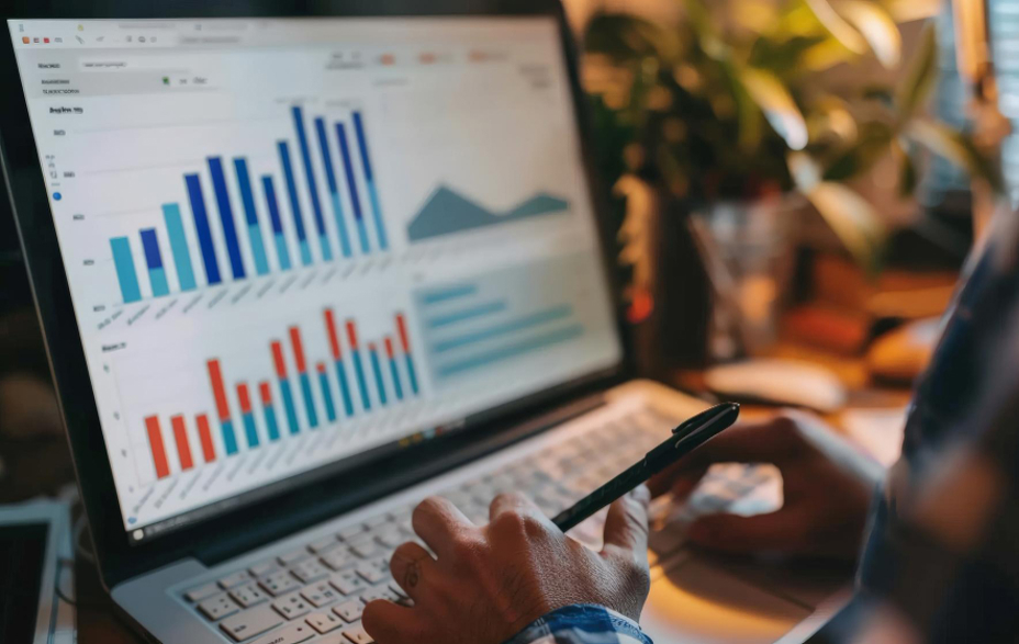 PC. Skærm med søjler i blå og røde farver