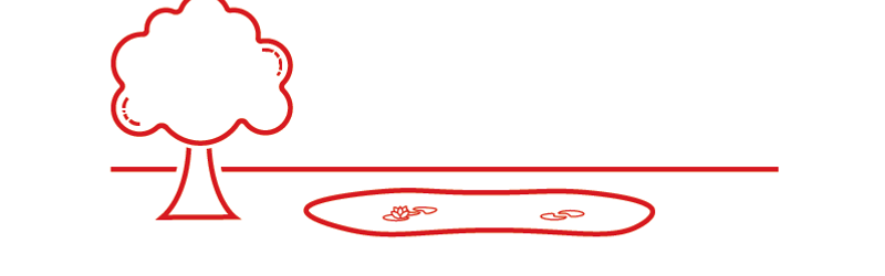 Ikon for vandløb og søer - ikoner viser en sø og et vandløb med et træ på siden  - rød stregtegning